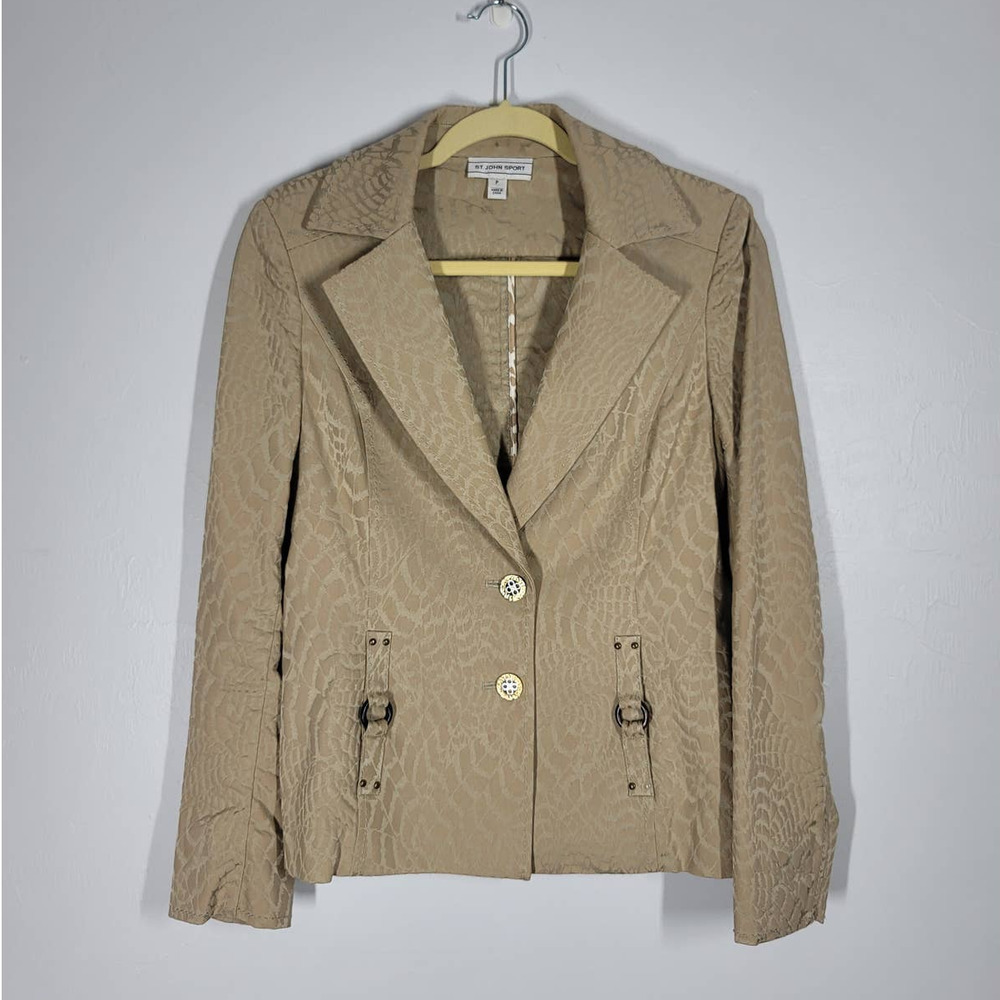St. John Jacquard Blazer Jacket Sz 2 Two-button Notched Lapel Long Sleeve Brown